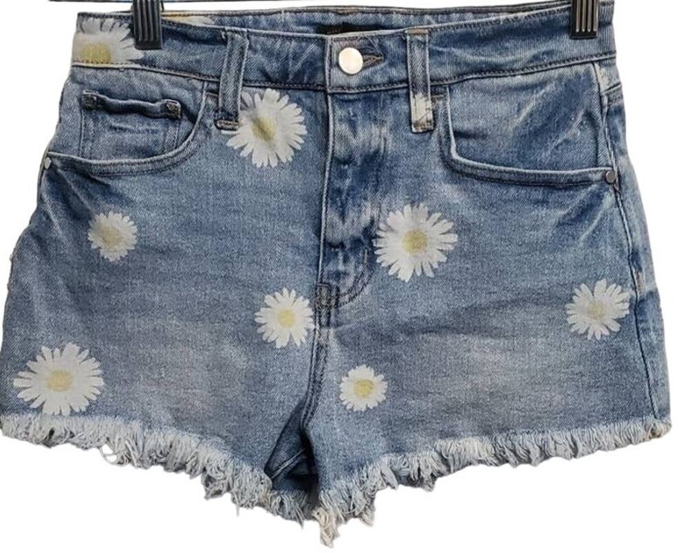 Material Girl High Waist Jean Raw Hem Shorts Embroidered Flowers Daisy Size 3